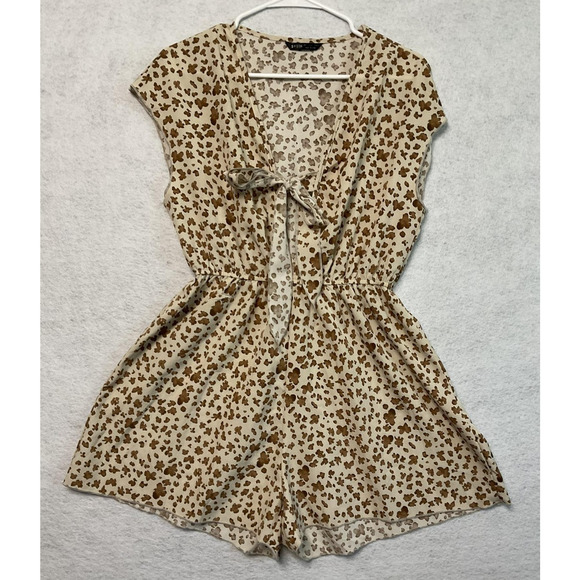 SHEIN Romper Womens Large Brown Tan Floral Print Short Sleeve Tie Front Casual - Picture 1 of 6